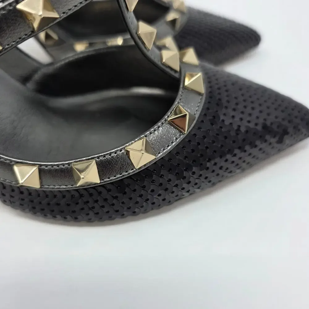Valentino Rockstud Slingback Heels Stud Black Sequin Strappy Gladiator Pump 37 7